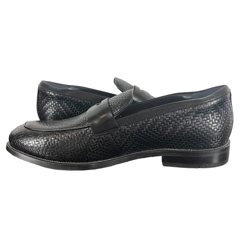 Men's Black Woven Leather Penny Loafers